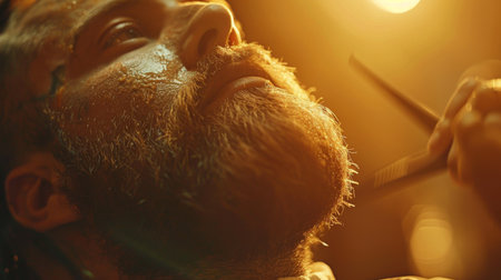 Close up Capture of a Man Getting a Beard Trim in a Warm Lit Barbershop During Evening Hours. Generative AIの素材
