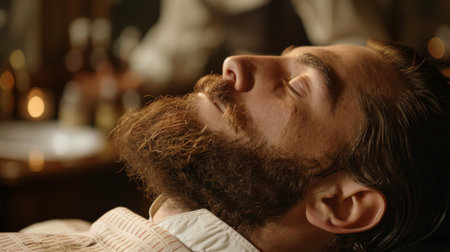 Man Relaxes While Receiving a Traditional Beard Trim in a Cozy Barbershop During the Evening. Generative AIの素材