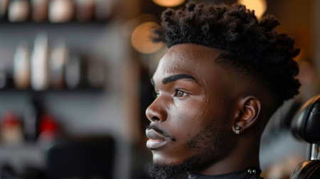 Client Receiving a Modern Haircut in a Stylish Barbershop With Warm Lighting in the Background. Generative AIの素材