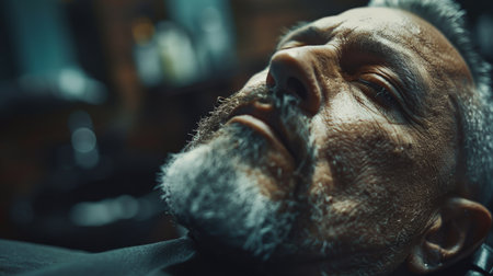 Close up of a Mature Man Relaxing During a Grooming Session in a Barbershop With Warm Lighting in an Urban Setting. Generative AIの素材