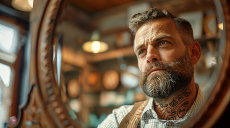 Man in a Vintage Barbershop Reflecting on Grooming While Surrounded by Rustic Decor and Warm Lighting at a Cozy Local Establishment. Generative AIの素材