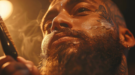 Intense Grooming Session of a Tattooed Man With a Thick Beard Illuminated by Soft Light in an Intimate Setting During the Evening. Generative AIの素材