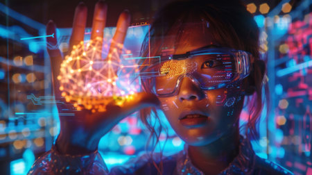 Conceptual Exploration of Artificial Intelligence Through the Eyes of a Young Researcher in a Futuristic Lab Setting With Vibrant Lighting. Generative AIの素材