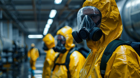 Workers in Protective Gear Conduct Safety Operations in a Chemical Plant During Nighttime to Ensure Environmental Compliance. Generative AIの素材