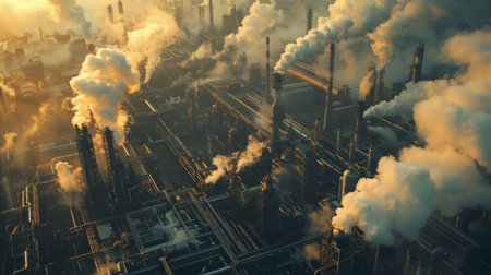 Industrial Complex Releasing Smoke During Sunrise, Showcasing a Busy Production Site in the Early Morning Light. Generative AIの素材