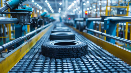 Factory Conveyor Belt Showcases Rubber Tires Being Prepared for Distribution in a Busy Manufacturing Environment. Generative AIの素材