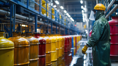 Worker in Protective Gear Observes Vibrant Chemical Containers in an Industrial Facility During Daylight Hours. Generative AIの素材