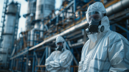 Workers in Protective Suits Conducting Maintenance at an Industrial Facility Amidst Large Equipment During Daylight Hours. Generative AIの素材