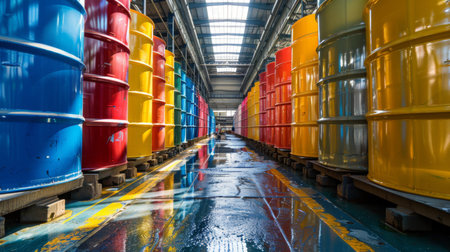 Brightly Colored Storage Barrels Lined up in a Spacious Industrial Warehouse During Daylight Hours. Generative AIの素材