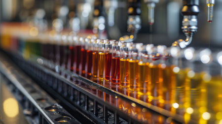 Vibrant and Colorful Liquids Are Being Dispensed From a High Tech Machine Located Within a Bustling Beverage Production Facility, Showcasing the Wonders of Generative AI in the Processの素材