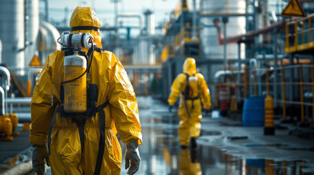 Workers in Protective Suits Navigate an Industrial Facility During a Safety Operation in the Daytime. Generative AIの素材