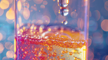 Bubbles Rising in a Glass of Sparkling Drink Under Colorful Lights With Reflections Creating an Enchanting Atmosphere. Generative AIの素材