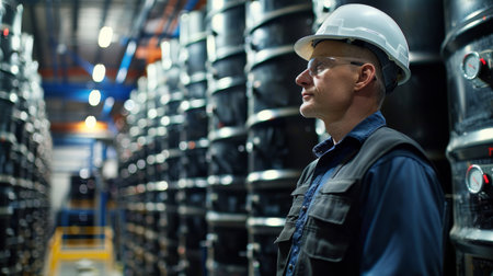 Man in Hard Hat Supervising Production Area Surrounded by Large Containers During Daytime at Industrial Site. Generative AIの素材