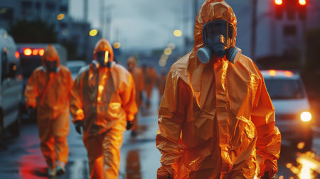 Emergency Response Teams in Protective Gear Conduct Operations During a Rainy Urban Scenario at Dusk. Generative AIの素材