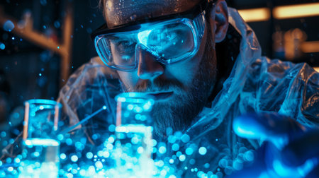 Scientist Conducting Experiments With Glowing Liquids in a Dark Laboratory in the Evening With Focus on Chemistry and Innovation. Generative AIの素材