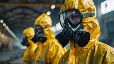 Workers in Protective Gear Conduct Safety Training in a Large Industrial Facility During Daytime. Generative AIの素材