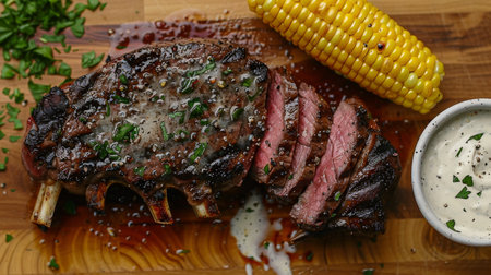 Juicy Grilled Ribeye Steak Served With Corn and Creamy Sauce on Wooden Board During Summer Barbecue. Generative AIの素材