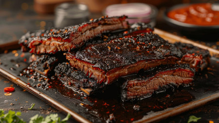Juicy Smoked Brisket Served on a Rustic Wooden Platter With Rich Seasoning and Homemade Barbecue Sauce. Generative AIの素材
