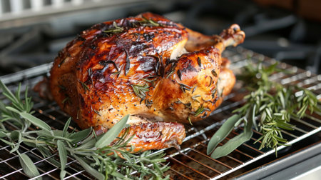 Juicy Roasted Turkey Garnished With Fresh Herbs on a Wire Rack in a Kitchen Environment Before a Festive Gathering. Generative AIの素材
