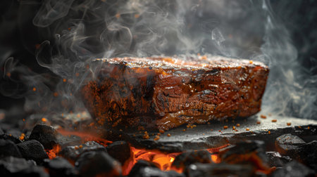 Perfectly Seared Steak Cooking Over Hot Coals, Surrounded by Aromatic Smoke and Glowing Embers in a Backyard Grill Setting. Generative AIの素材