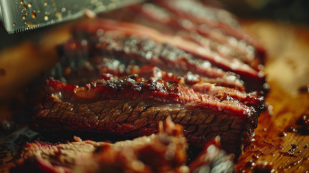 Barbecue Brisket Being Sliced on a Wooden Board During a Summer Gathering in a Backyard. Generative AIの素材