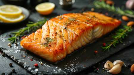 Salmon Fillet Garnished With Herbs and Spices Served on a Dark Stone Plate With Lemon Wedges and Garlic in an Elegant Kitchen Setting. Generative AIの素材