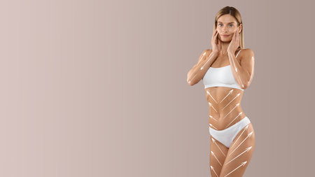 Woman engaged in body sculpting and contouring for skin care in a serene space