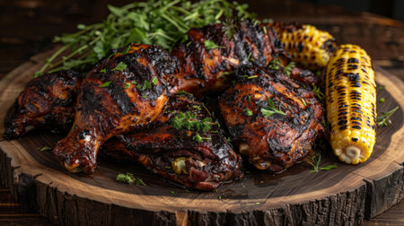 Grilled Chicken and Corn on Wooden Platter With Herbs, Showcasing a Summer Barbecue Feast at Sunset. Generative AIの素材