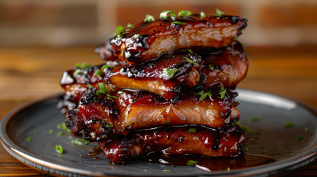 Deliciously Glazed Barbecue Ribs Served on a Black Plate With Fresh Herbs, Showcasing the Rich Texture and Shine of the Glaze in a Warm Setting. Generative AIの素材