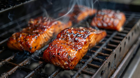 Cooking Delicious Salmon Fillets With a Flavorful Glaze on an Outdoor Barbecue During a Warm Summer Midday. Generative AIの素材