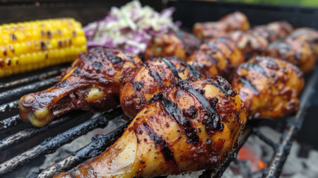 Grilled Chicken Drumsticks Sizzling on the Barbecue Alongside Sweet Corn and Fresh Coleslaw During a Summer Cookout. Generative AIの素材