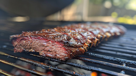 Grilling Marinated Steak on a Barbecue in a Backyard During a Sunny Afternoon Gathering With Family and Friends. Generative AIの素材