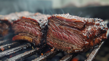 Grilled Steak Sizzling on Charcoal Barbecue During Summer Gathering in Backyard Setting. Generative AIの素材