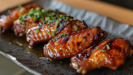 Grilled Chicken Wings Garnished With Green Onions Served on a Black Plate in a Casual Dining Setting During an Evening Meal. Generative AIの素材