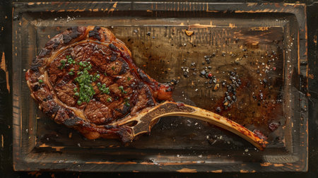 Grilled Tomahawk Steak Served on a Rustic Wooden Platter With Seasoning and Herb Garnish, Complementing a Sumptuous Dining Experience at a Cozy Restaurant. Generative AIの素材