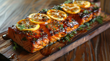Delicious Grilled Salmon Fillet With Lemon Slices Garnished on a Wooden Serving Board. Generative AIの素材