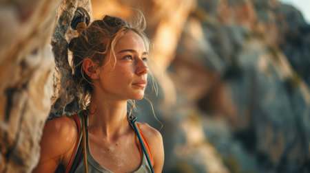 Climber Resting Against the Sunlit Rock Face While Contemplating the Next Route in a Scenic Outdoor Location During Golden Hour. Generative AIの素材