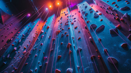 Climbing Walls Bathed in Vibrant Lighting Create an Inspiring Atmosphere for Indoor Rock Climbing Enthusiasts During Evening Hours in an Adventure Sports Center. Generative AIの素材