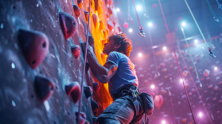 Climber Scales Challenging Indoor Rock Wall During Vibrant Evening Competition in a Popular Climbing Gym. Generative AIの素材