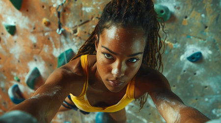 Young Woman Climbing a Bouldering Wall Displays Focus and Determination During an Indoor Climbing Session in the Afternoon. Generative AIの素材
