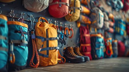 Colorful Assortment of Outdoor Gear and Equipment Displayed on a Wall in a Recreation Store During the Afternoon. Generative AIの素材