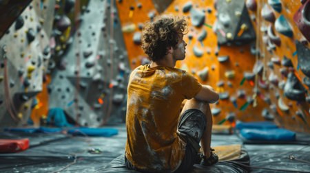 Climber Resting After a Challenging Bouldering Session in an Indoor Climbing Gym During the Late Afternoon Hours. Generative AIの素材
