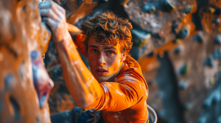 Climber Engages in Challenging Ascent at Indoor Rock Wall in Late Afternoon Light Among Colorful Holds. Generative AIの素材