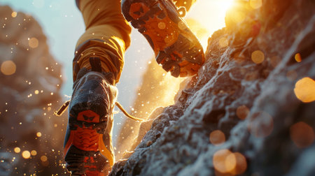 Climber Navigating Rocky Terrain During Sunrise With Sunlight Illuminating Water Droplets and Dust Particles. Generative AIの素材
