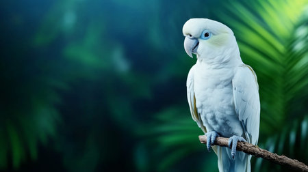 Colorful macaw perched on branch in tropical vacation setting with lush greenery. Generative AIの素材