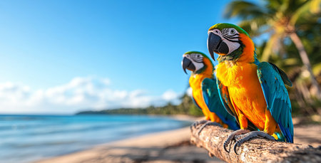 Colorful macaws relax on a branch near a tropical beach under blue skies. Generative AIの素材