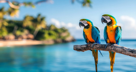 Colorful macaws perched on a branch overlooking a tropical ocean view. Generative AIの素材