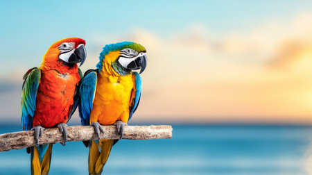 Colorful macaws perched on a branch by the tropical ocean at sunset. Generative AIの素材
