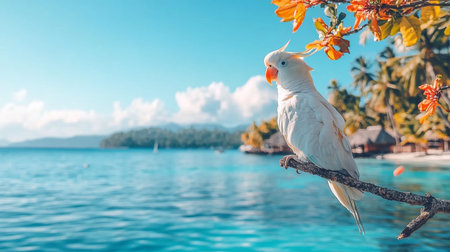 Beautiful tropical setting with a white parrot enjoying the seaside view. Generative AIの素材