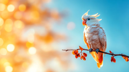 Vibrant tropical parrot perched on a branch in a sunlit vacation paradise. Generative AIの素材
